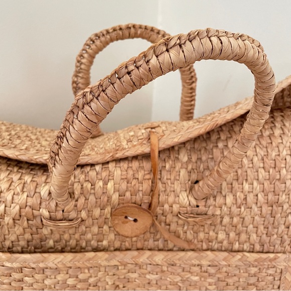 Vtg WOVEN Bag Rare Wicker Briefcase Satchel Button Leather Strap Colored Panels - Picture 3 of 11